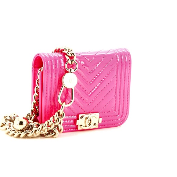 AUTH Chanel Pink Patent Leather Chevron Mini Boy Flap Waist Belt Bag - Picture 2 of 5